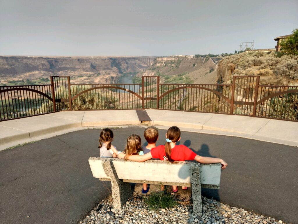 four children sitting on a bench overlooking a gorge and the perrine bridge